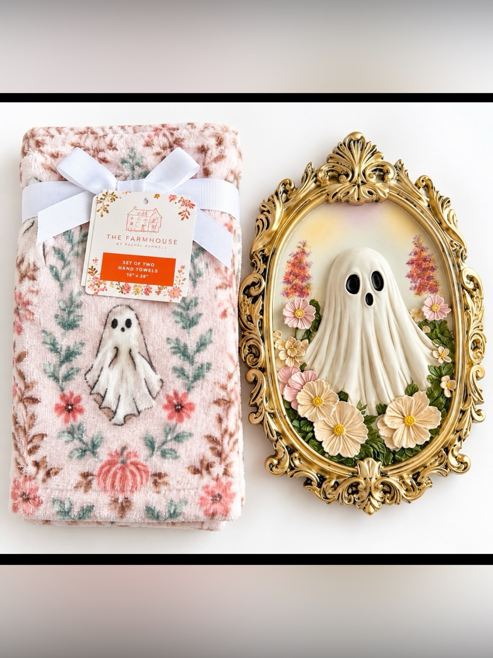 3D Floral Ghost Gold Vintage Frame Halloween Pastel Spooky Decor NWT and towels